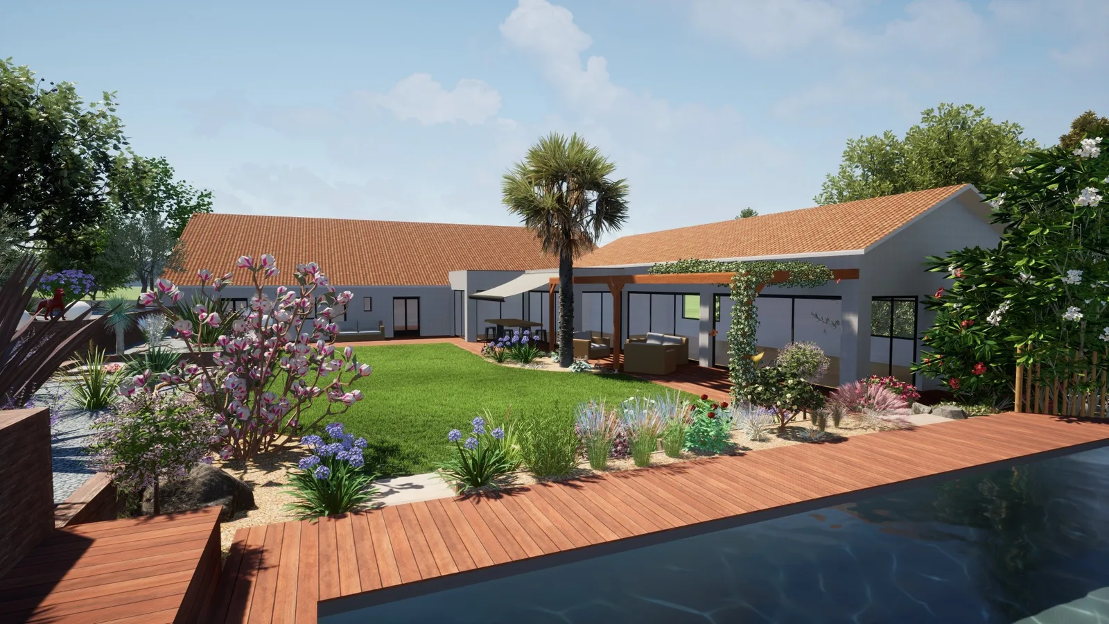 Conception 3D d’un aménagement paysager réalisée par notre bureau d’étude — terrasse bois, piscine, pergola et massifs fleuris autour d’une maison de plain-pied