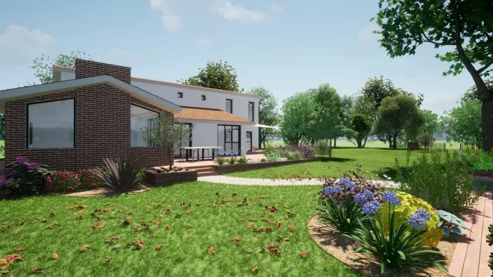 Vue 3D d’un projet de jardin conçu par notre bureau d’étude — pelouse, allée en pas japonais, massifs de vivaces et terrasse au pied d’une maison contemporaine en brique
