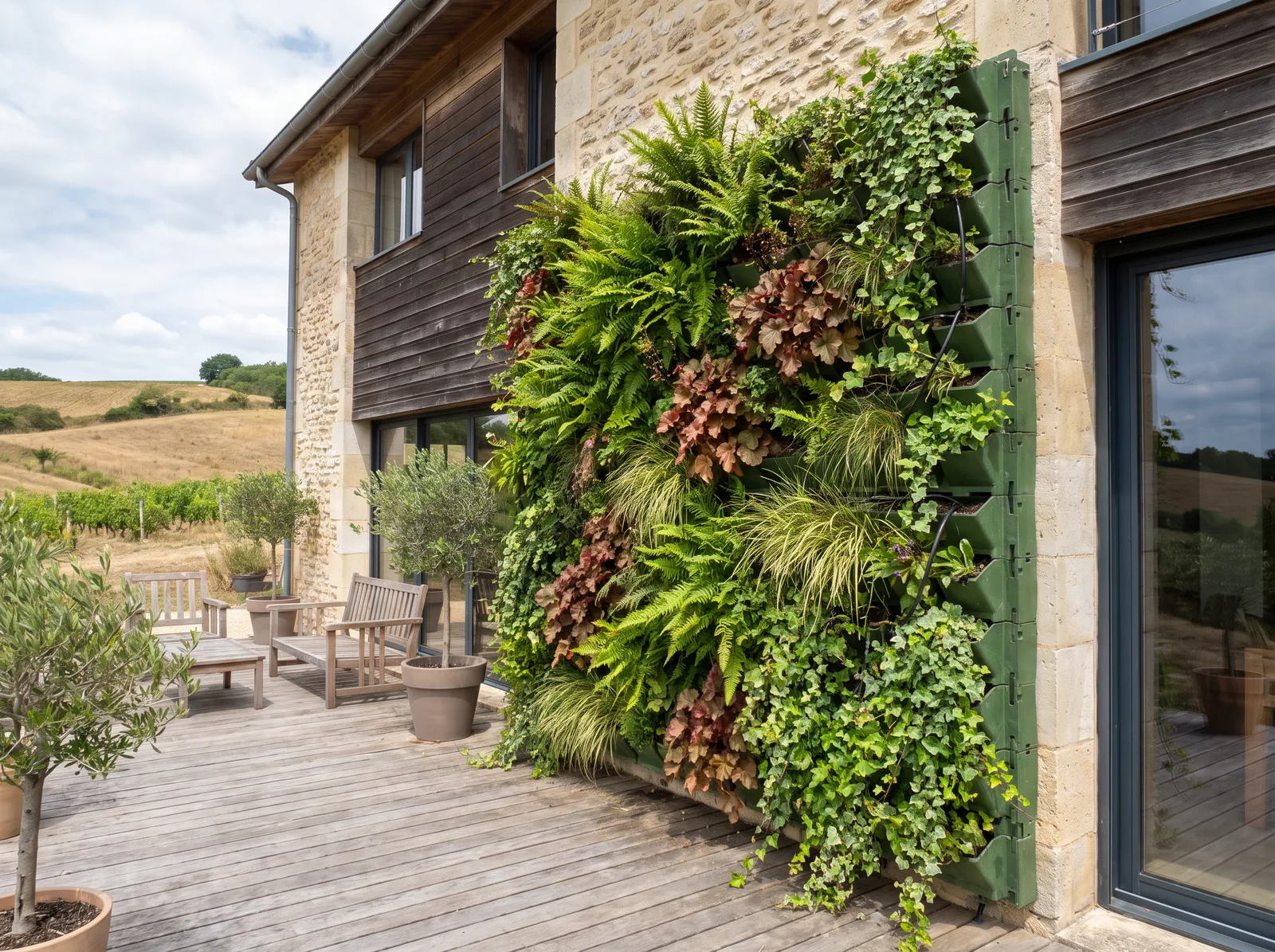 Mur végétal extérieur en panneaux modulaires plantés de fougères, heuchères et lierre sur la façade d'une maison en pierre