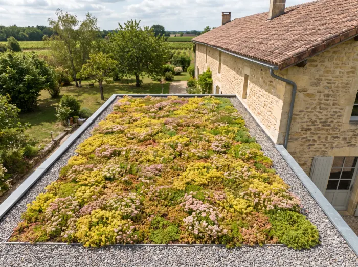Toiture végétalisée extensive en sedum fleuri sur une extension à toit plat d'une maison en pierre